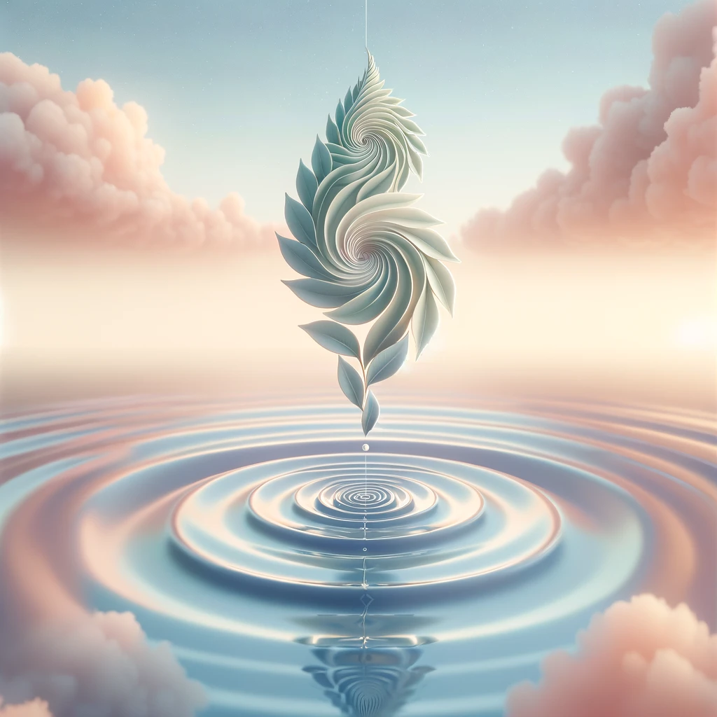 Sculpture de feuille suspendue au-dessus de l'eau calme, créant des ondulations, représentant la paix intérieure et la transformation personnelle.