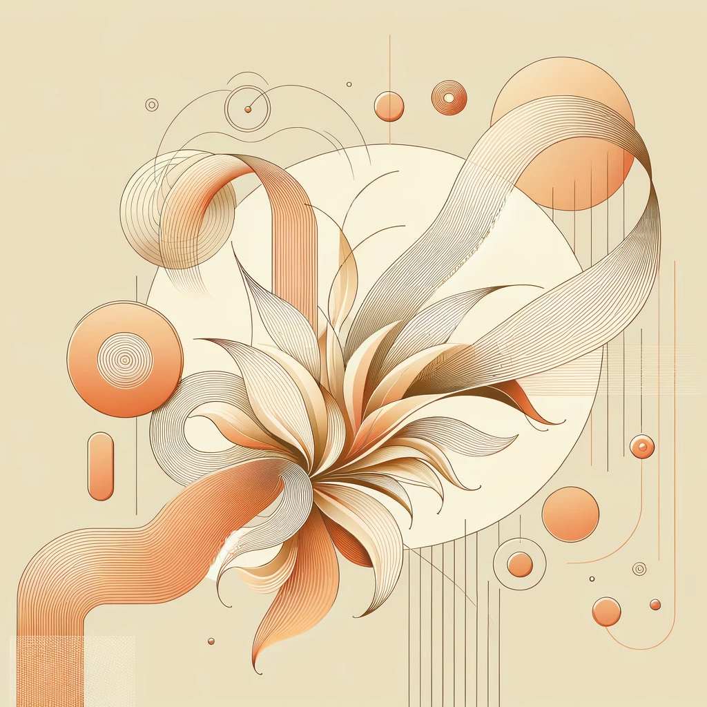 Composition artistique abstraite avec des éléments floraux et géométriques dans des tons chauds symbolisant la croissance et l'intuition.